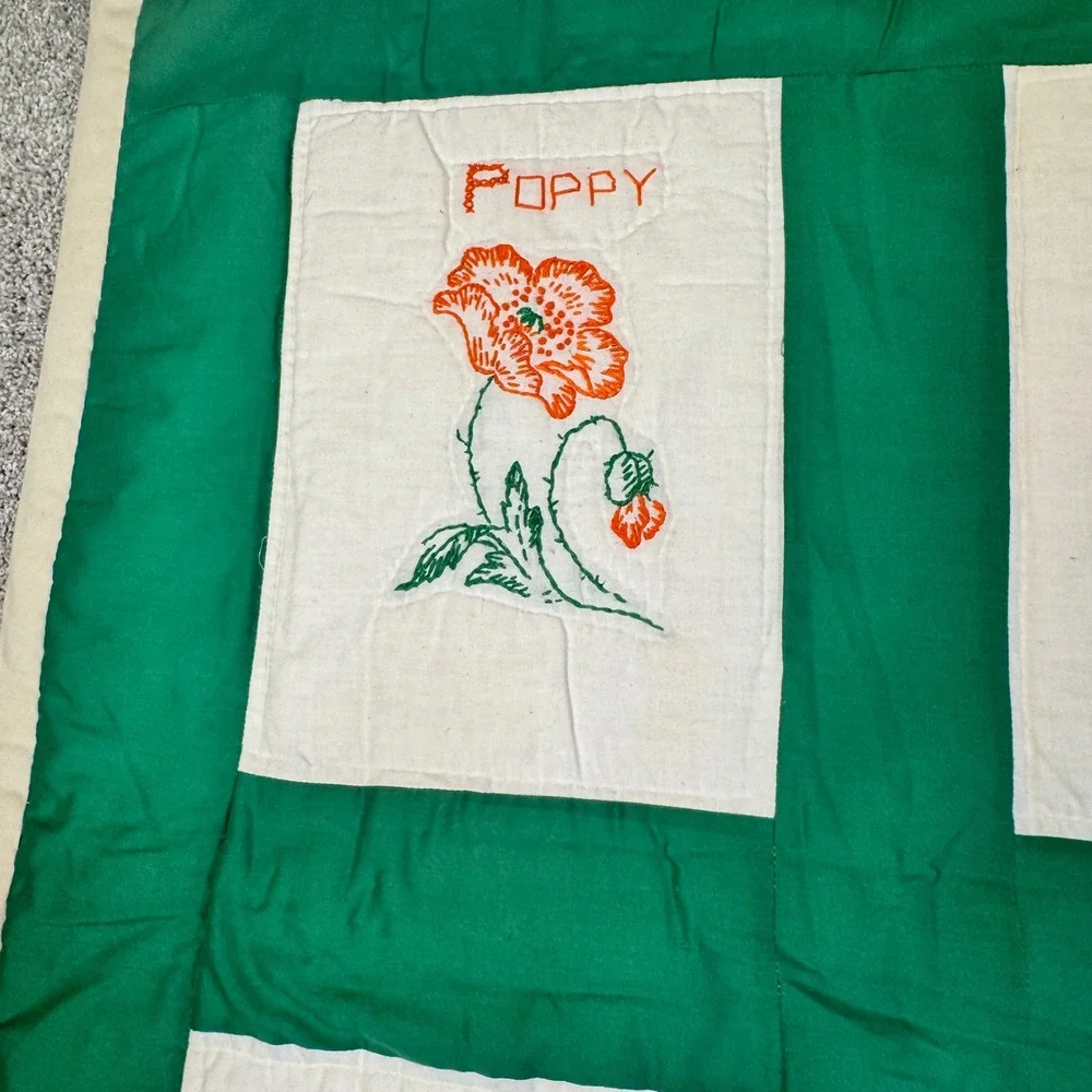 Vintage Handmade Embroidered Floral Quilt Wall Hanging Green Botanical Garden